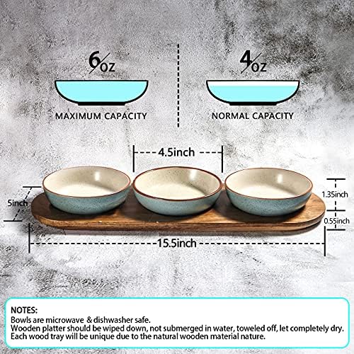 6oz Turquoise Solid Ceramic Chips and Dip Serving Platter with Acacia Wooden Tray, 4.5inch Glazing Small Serving, alternate
