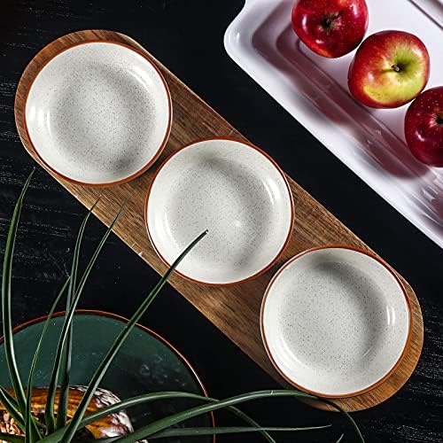 6oz Turquoise Solid Ceramic Chips and Dip Serving Platter with Acacia Wooden Tray, 4.5inch Glazing Small Serving, alternate