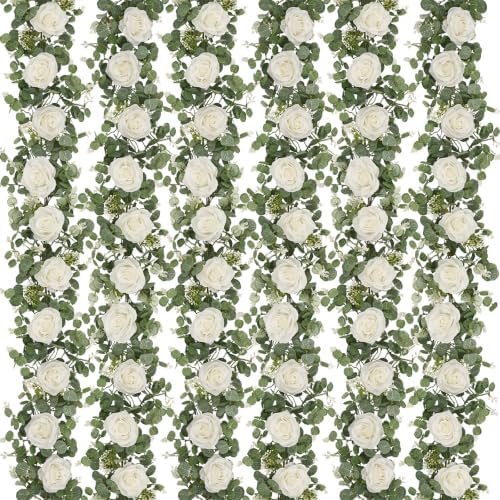 6Pcs 39Ft Artificial Eucalyptus Garlands with Flowers Roses