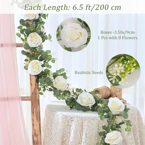 6Pcs 39Ft Artificial Eucalyptus Garlands with Flowers Roses, alternate view 3