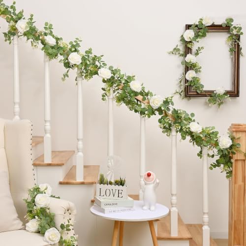 6Pcs 39Ft Artificial Eucalyptus Garlands with Flowers Roses, alternate view 4