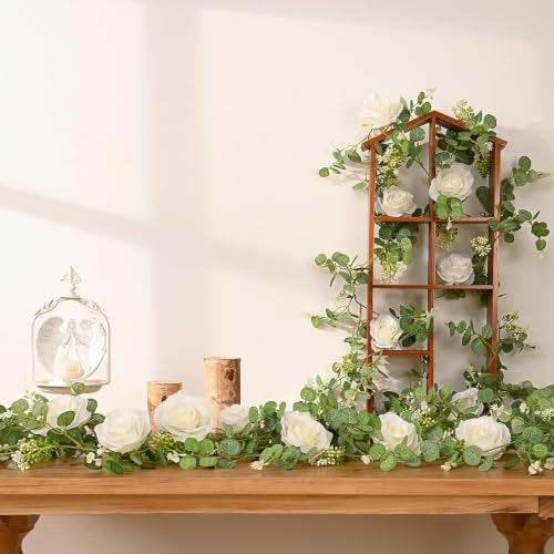 6Pcs 39Ft Artificial Eucalyptus Garlands with Flowers Roses, alternate view 6