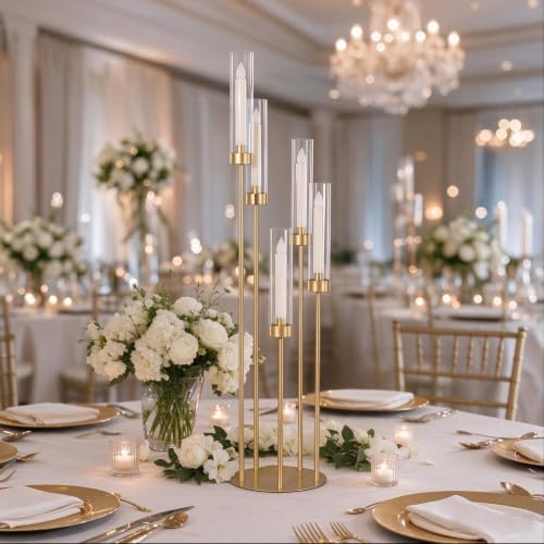 6PCS 5 Arm Gold Candle Holders for Wedding Table Centerpieces,39.37'' Tall in Gold, alternate view 2