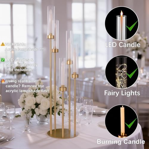 6PCS 5 Arm Gold Candle Holders for Wedding Table Centerpieces,39.37'' Tall in Gold, alternate view 5