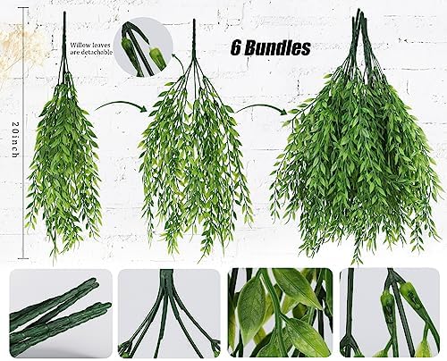 6Pcs Artificial Weeping Willow Plastic Leaves Greenery UV Resistant, alternate view 4