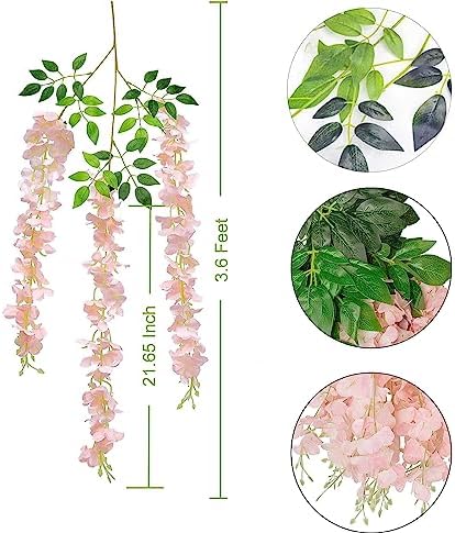 6pcs Artificial Wisteria Flowers 3.6 Feet/Piece Pink Dense Artificial Fake Wisteria Vine Ratta Hanging Garland, alternate