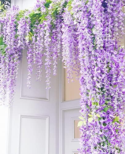 6pcs Artificial Wisteria Flowers 3.6 Feet/Piece Purple Dense Artificial Fake Wisteria Vine Ratta Hanging Garland, alternate