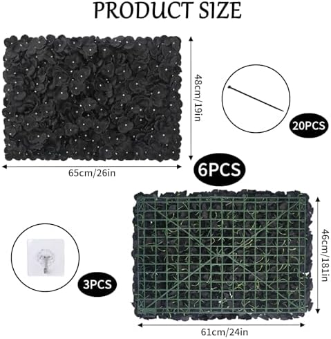 6PCS Black Flower Backdrop Halloween Artificial Flower Wall Panels 24"×16", alternate view 3