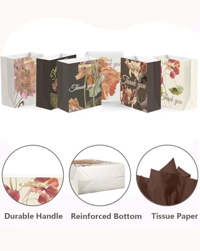 6PCS Brown Tone Flowers Gift Bags with Tissue Paper Handles Medium Size Bags( Tissue Paper ) in 1 Count (Pack of, alternate