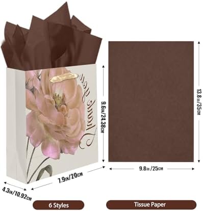 6PCS Brown Tone Flowers Gift Bags with Tissue Paper Handles Medium Size Bags( Tissue Paper ) in 1 Count (Pack of, alternate