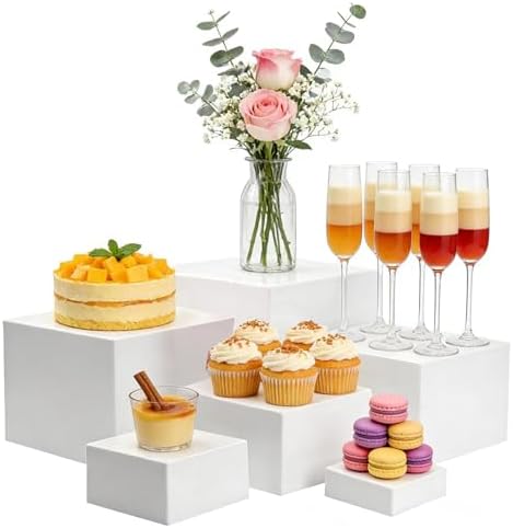 6Pcs Buffet Risers and Display Stands White Cube 3-8 Inch Set in white