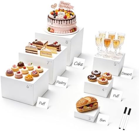 6PCS Buffet Risers, Food Display Stands with Mini Sign and Marker, for Buffet Table, White Acrylic Cube Boxes
