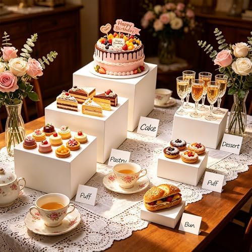 6PCS Buffet Risers, Food Display Stands with Mini Sign and Marker, for Buffet Table, White Acrylic Cube Boxes, alternate view