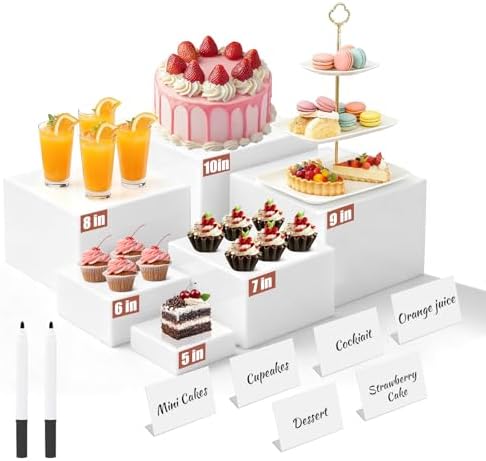 6Pcs Buffet Risers with Mini Sign and Maker Acrylic Boxes Nesting Risers in White