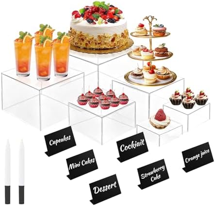 6Pcs Buffet Risers with Mini Sign and Maker Clear Acrylic Boxes in Clear
