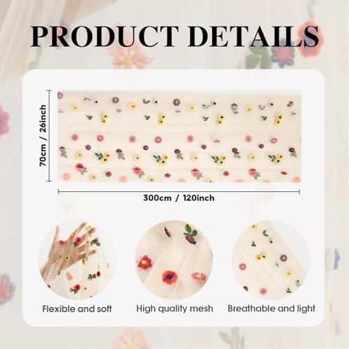6PCS Champagne Embroidery Daisy Gauze Table Runner 120Inch 10FT in 28" x 120", 6pc in Champagne, alternate view 6
