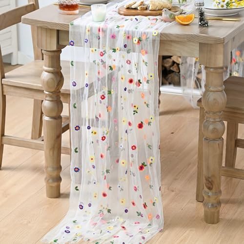 6PCS Embroidery Daisy Gauze Table Runner 120 Inch 10FT in 28" x 120", 6pc in Ivory, alternate view 4