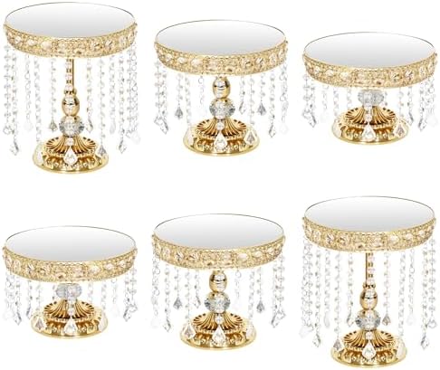6Pcs Gold Cake Stands with Crystals, Mirror Metal Elevated Cake Display Gold Dessert Stands for Party, Wedding