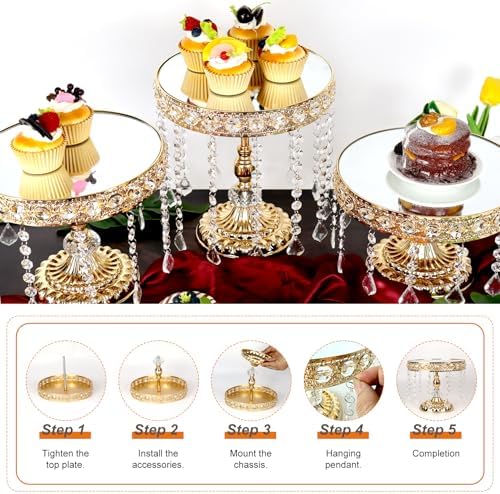6Pcs Gold Cake Stands with Crystals, Mirror Metal Elevated Cake Display Gold Dessert Stands for Party, Wedding, alternate