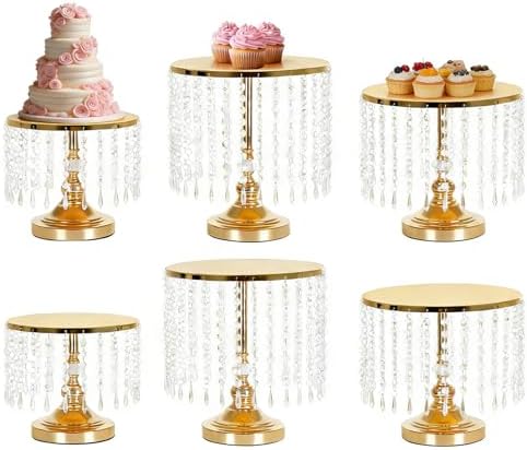 6PCS Gold Wedding Cake Stand Set with Crystal Pendants for Dessert Table in Gold