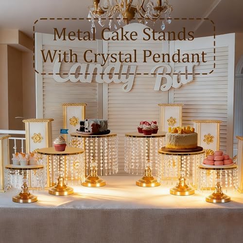 6PCS Gold Wedding Cake Stand Set with Crystal Pendants for Dessert Table in Gold, alternate view 2