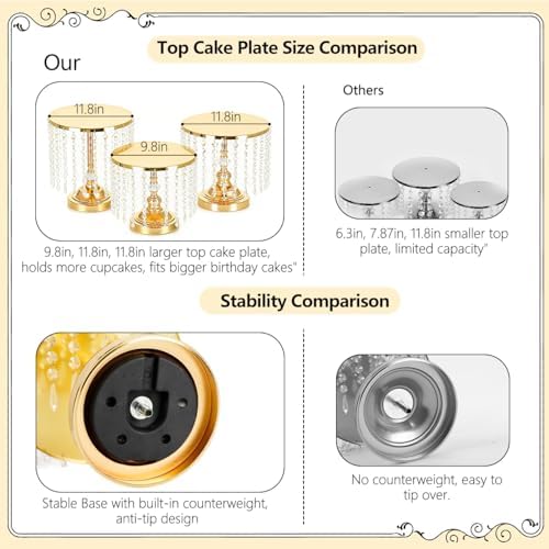 6PCS Gold Wedding Cake Stand Set with Crystal Pendants for Dessert Table in Gold, alternate view 4