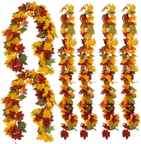 6PCS Orange Leaf Garland, 5.6Ft Halloween Garland Artificial Maple Leaf Autumn Hanging Fall Vines Thanksgiving