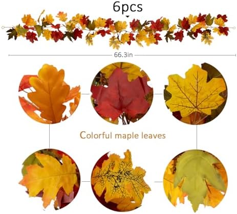 6PCS Orange Leaf Garland, 5.6Ft Halloween Garland Artificial Maple Leaf Autumn Hanging Fall Vines Thanksgiving, alternate