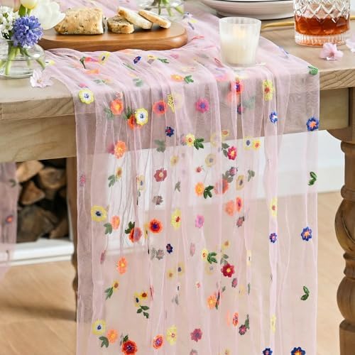 6PCS Pink Embroidery Daisy Gauze Table Runner 120 Inch 10FT in 28" x 120", 6pc in Pink