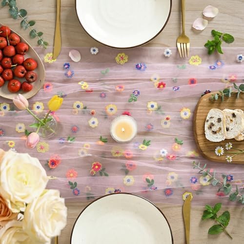 6PCS Pink Embroidery Daisy Gauze Table Runner 120 Inch 10FT in 28" x 120", 6pc in Pink, alternate view 2