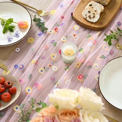 6PCS Pink Embroidery Daisy Gauze Table Runner 120 Inch 10FT in 28" x 120", 6pc in Pink, alternate view 3