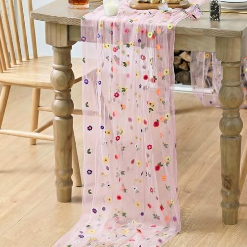 6PCS Pink Embroidery Daisy Gauze Table Runner 120 Inch 10FT in 28" x 120", 6pc in Pink, alternate view 4