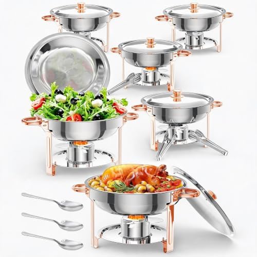 6PCS Superior 5QT Stainless Steel Round Chafing Dish Buffet Set, Lid Holder, Spoon & Tweezers, Portable Food