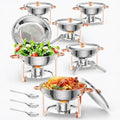 6PCS Superior 5QT Stainless Steel Round Chafing Dish Buffet Set, Lid Holder, Spoon & Tweezers, Portable Food