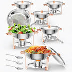 6PCS Superior 5QT Stainless Steel Round Chafing Dish Buffet Set, Lid Holder, Spoon & Tweezers, Portable Food