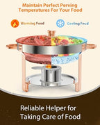 6PCS Superior 5QT Stainless Steel Round Chafing Dish Buffet Set, Lid Holder, Spoon & Tweezers, Portable Food, alternate view