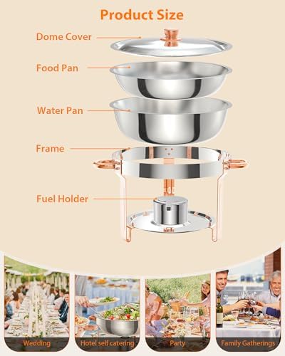 6PCS Superior 5QT Stainless Steel Round Chafing Dish Buffet Set, Lid Holder, Spoon & Tweezers, Portable Food, alternate view