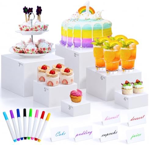 6Pcs White Acrylic Buffet Risers, Buffet Table Risers and Stands, Food Risers Display Shelf for Party Catering