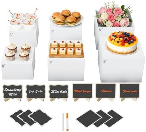 6PCS White Buffet Risers, Food Risers for Buffet Table, Acrylic Nesting Display Stands, 2 Sets of 3 Sizes (6"