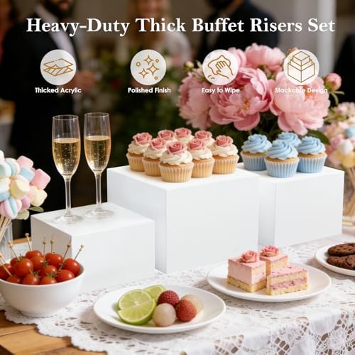 6PCS White Buffet Risers, Food Risers for Buffet Table, Acrylic Nesting Display Stands, 2 Sets of 3 Sizes (6", alternate view