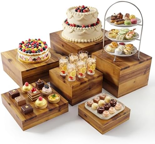 6PCS Wooden Buffet Riser and Stands with Hollow Bottom, No Assembly in Acacia