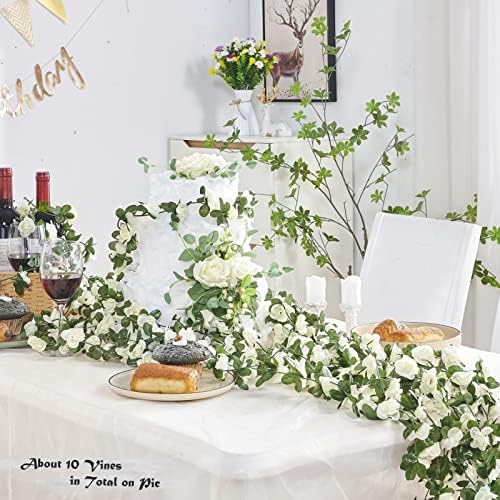 6Pcs x 8.2FT Artificial Flower Garland Floral Rose Vine Decor, White Flower, alternate view 2