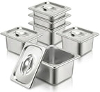 6PK Hotel Pans with Lids 1/6 Size, 4” Deep, Stainless Steel Steam Table Pans Anti-Jam for Commercial Food Prep &