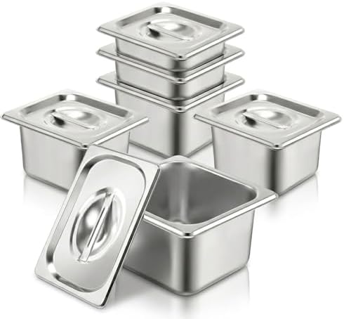 6PK Hotel Pans with Lids 1/6 Size, 4” Deep, Stainless Steel Steam Table Pans Anti-Jam for Commercial Food Prep &