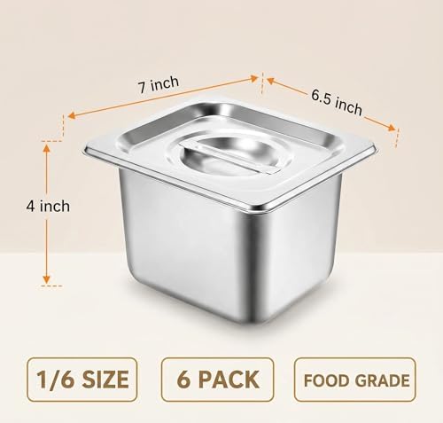 6PK Hotel Pans with Lids 1/6 Size, 4” Deep, Stainless Steel Steam Table Pans Anti-Jam for Commercial Food Prep &, alternate