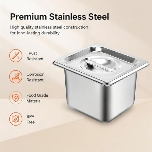 6PK Hotel Pans with Lids 1/6 Size, 4” Deep, Stainless Steel Steam Table Pans Anti-Jam for Commercial Food Prep &, alternate