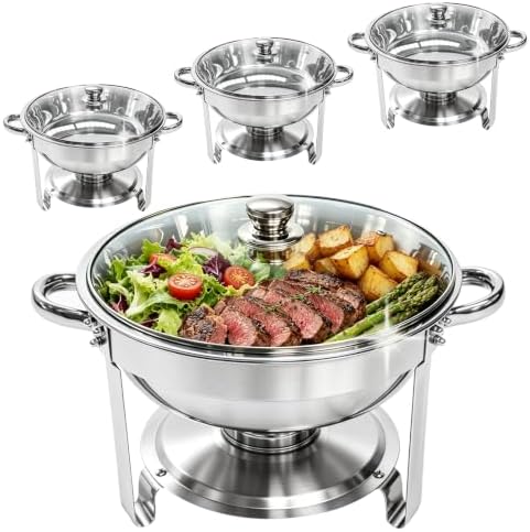 6QT Chafing Dishes Buffet Sets of 4 with Glass Lid, Food Warmers, Silver in All Silver With Glass Lid
