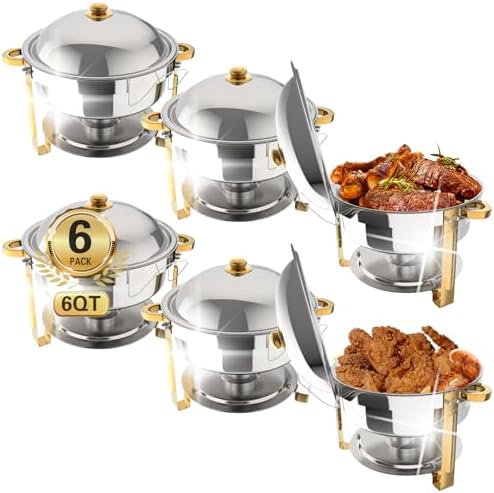 6QT Chafing Dishes for Buffet, 6 Pack 6QT Round Stainless Steel Chafing Dish Set for Home Parties, Christmas
