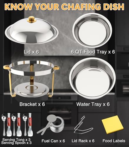 6QT Chafing Dishes for Buffet, 6 Pack 6QT Round Stainless Steel Chafing Dish Set for Home Parties, Christmas, alternate view