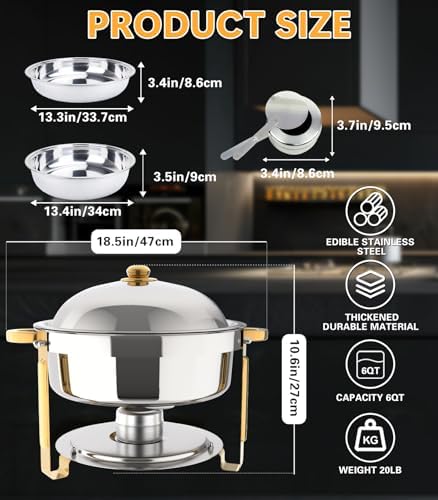 6QT Chafing Dishes for Buffet, 6 Pack 6QT Round Stainless Steel Chafing Dish Set for Home Parties, Christmas, alternate view